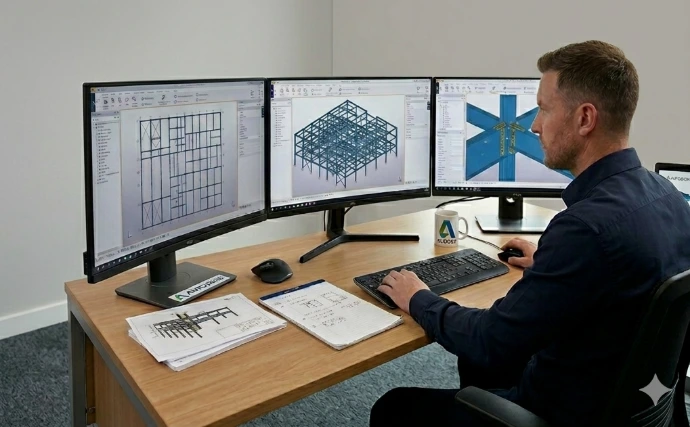 Percy James Engineering team member reviewing metalwork drawings across three monitors